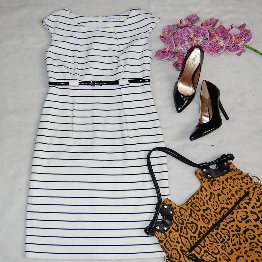 Calvin Klein White and Blue Striped Midi Dress